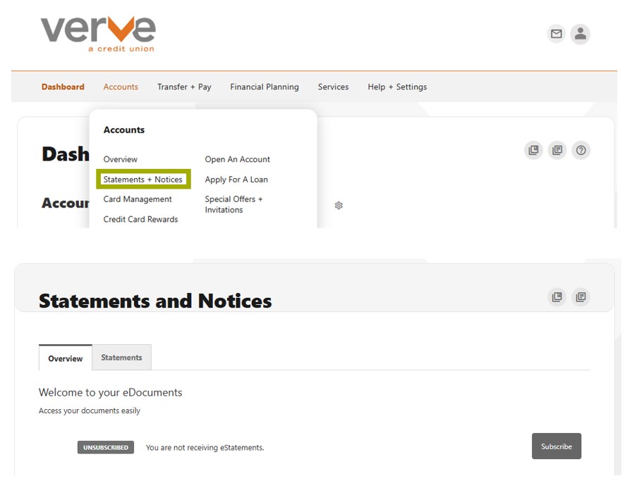 screenshot of online banking dashboard with statements and notices highlighted