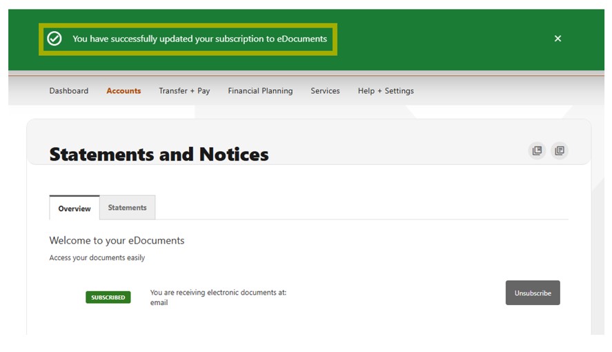 screenshot of dashboard with message of successfully updated subscription
