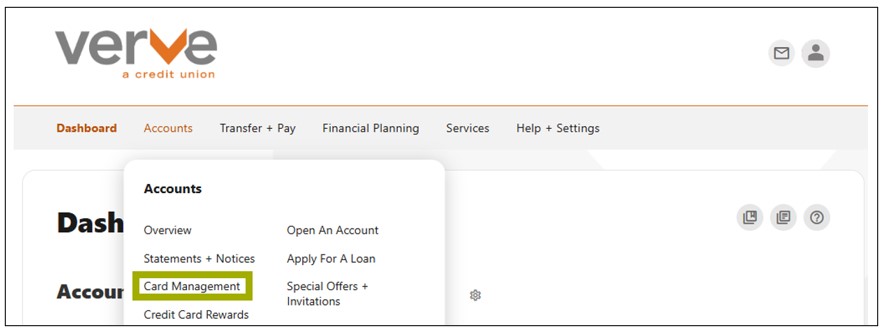 screenshot of Verve's online banking dashboard with card management highlighted