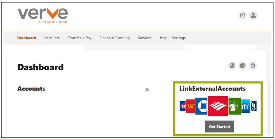 Verve Online Banking dashboard with Linking external accounts highlighted