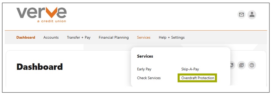 Screenshot of Verve Onling Banking Dashboard with Overdraft Protection highlighted