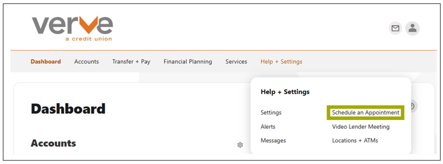 Screenshot of Verve's online banking dashboard, with schedule an appointment highlighted