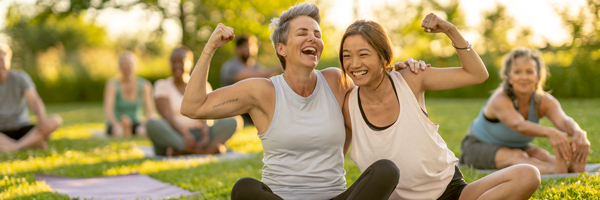 two women flexing their biceps while on a yoga mat in the park