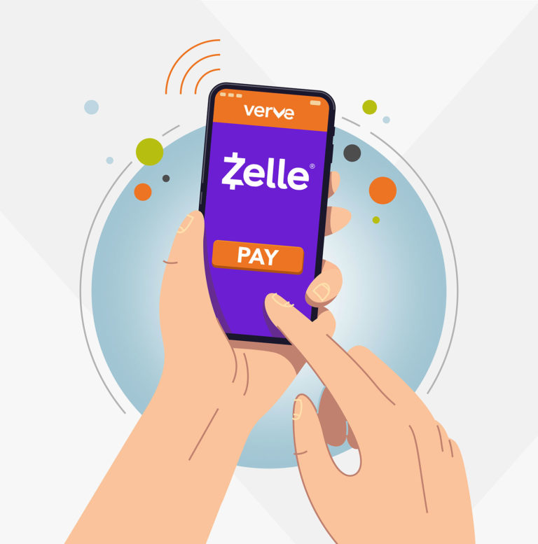 Illustrated hands holding phone with Zelle pay